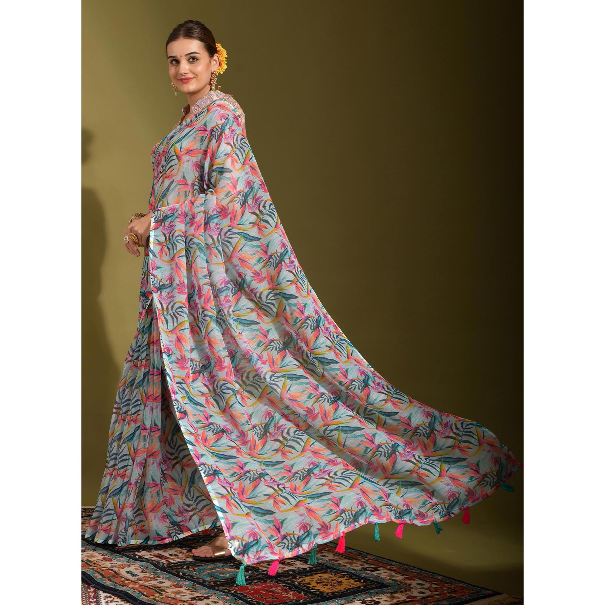 Multicolor Floral Digital Printed Linen Saree With Tassels