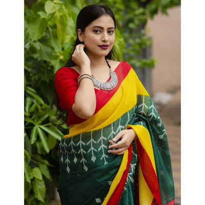 green-digital-printed-linen-saree-with-tassels-1