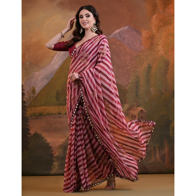 Maroon Leheriya With Floral Foil Printed Georgette Saree
