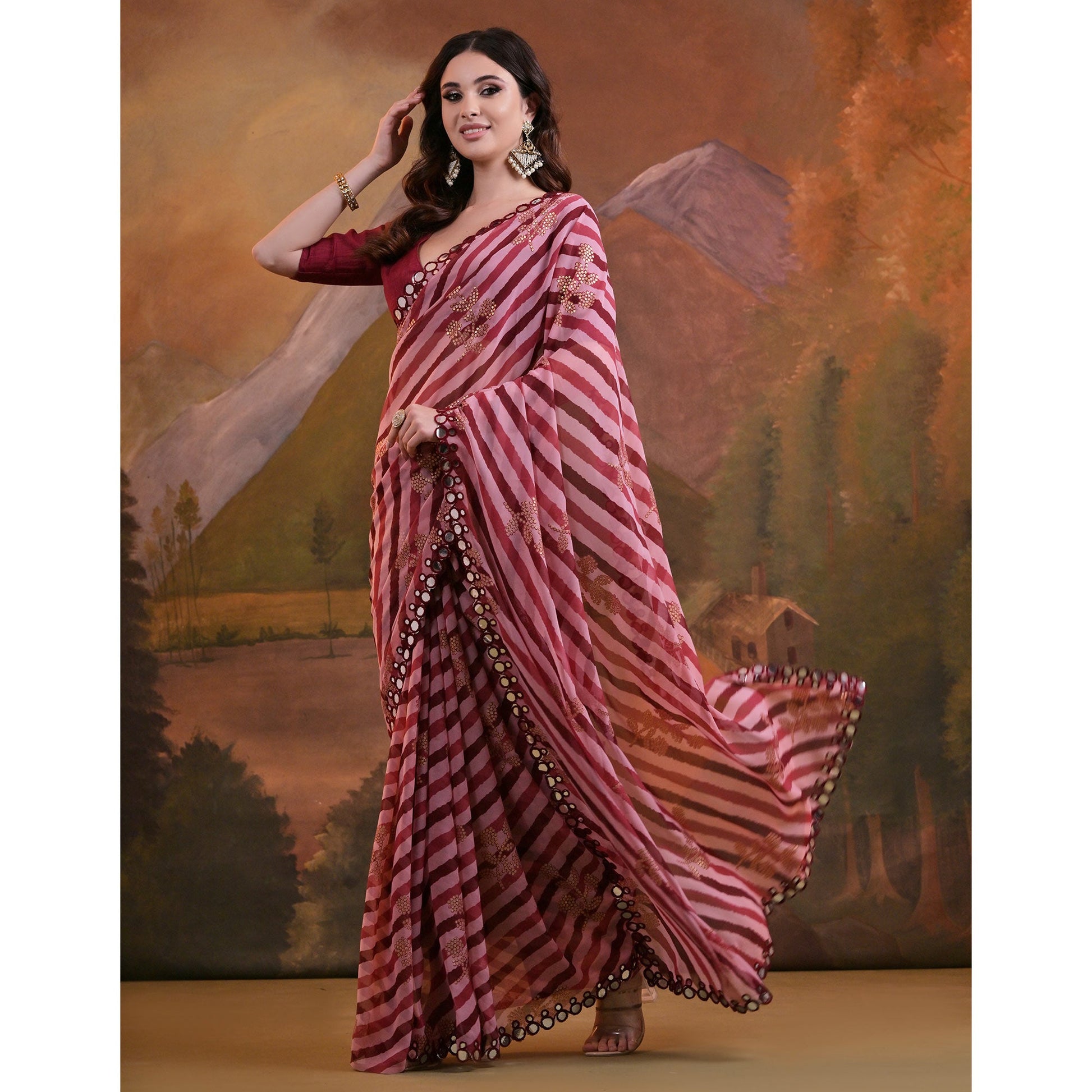 Maroon Leheriya With Floral Foil Printed Georgette Saree