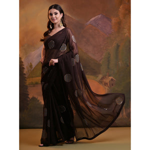 Dark Brown Sequins Embroidered Georgette Saree