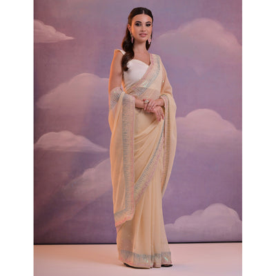 Cream Swarovski With Sequins Work Georgette Saree