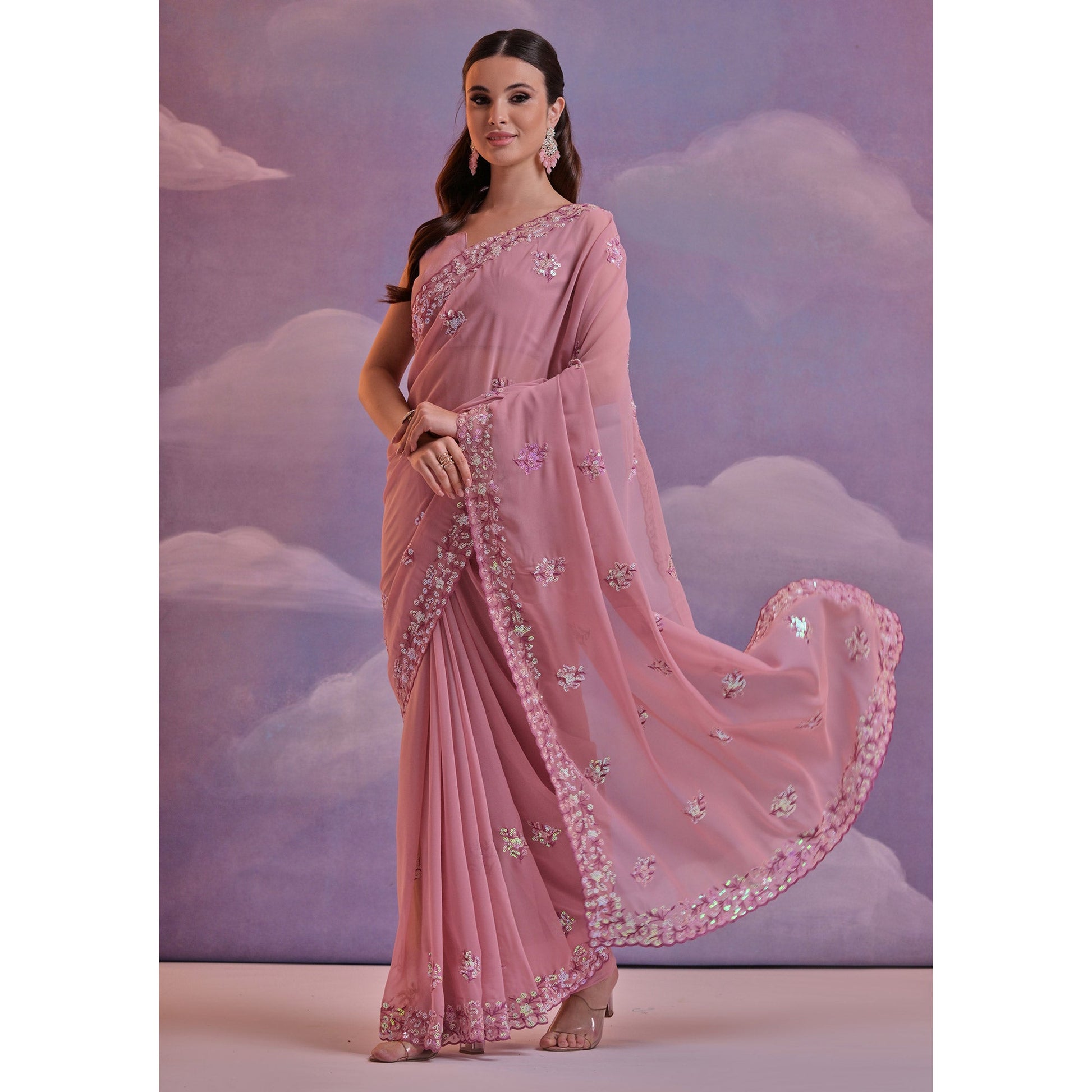 Mauve Floral Sequins Embroidered Saree