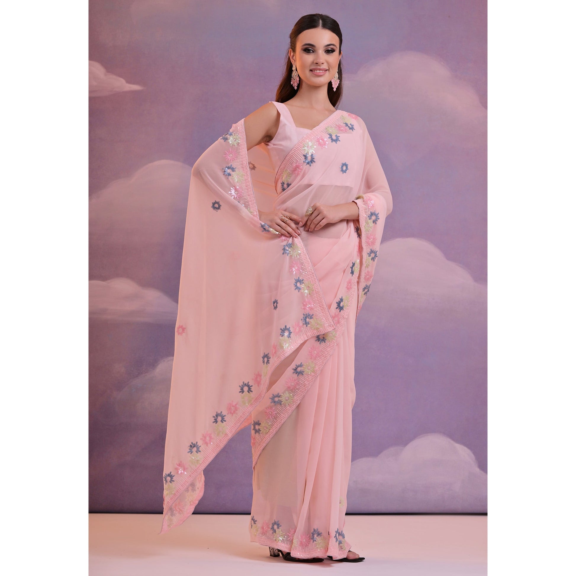 Light Pink Floral Sequins Embroidered Georgette Saree