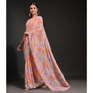 Light Orange Sequins Embroidered With Printed Georgette Saree