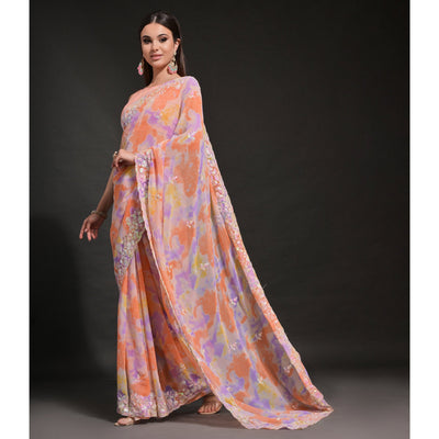 Light Orange Sequins Embroidered With Printed Georgette Saree