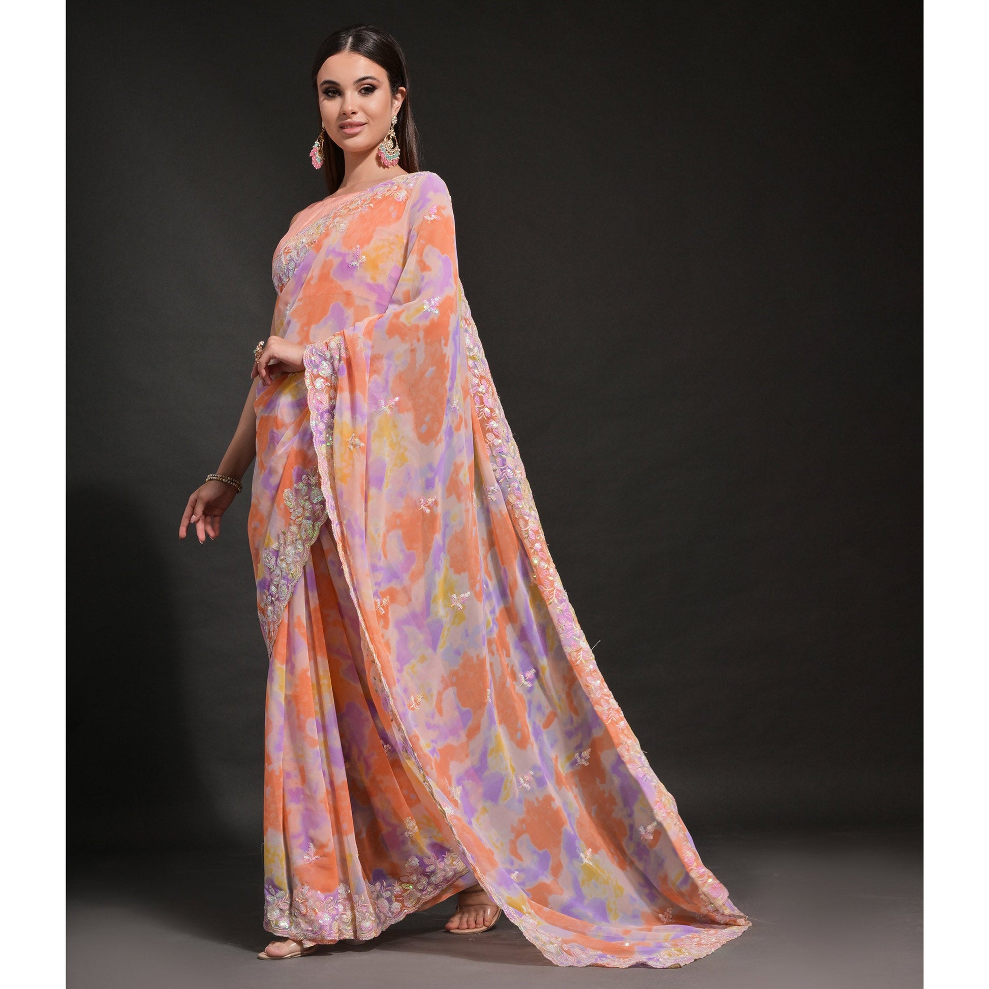 Light Orange Sequins Embroidered With Printed Georgette Saree