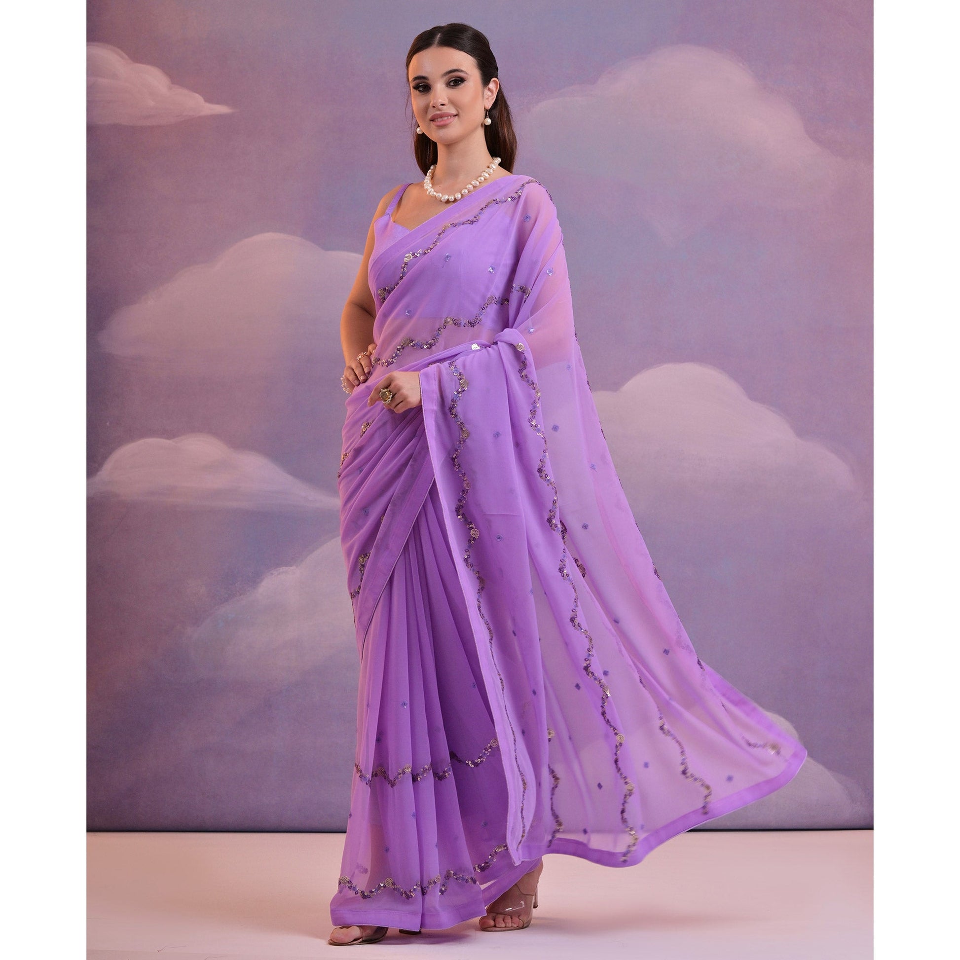 Lavender Sequins Embroidered Georgette Saree
