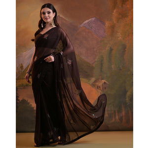 Brown Sequins Embroidered Georgette Saree