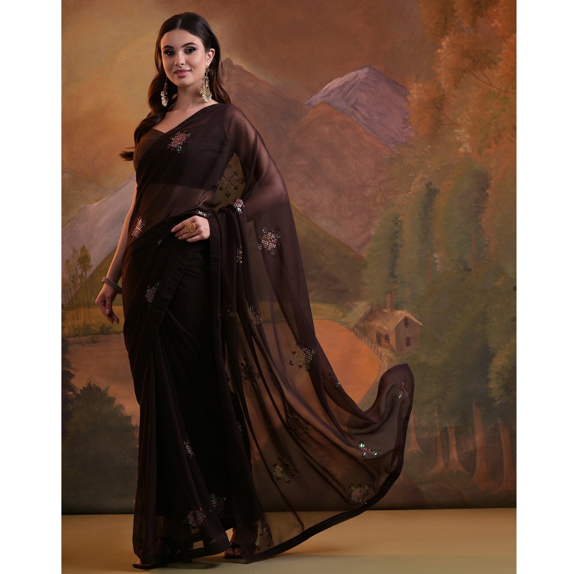 Brown Sequins Embroidered Georgette Saree