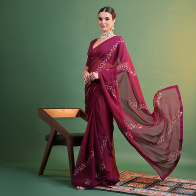 Maroon Floral Sequins Embroidered Georgette Saree