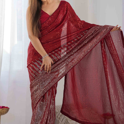 Maroon Sequins Embroidered Georgette Saree