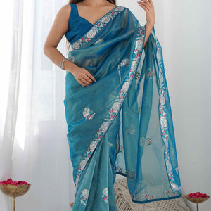 Dusty Teal Floral Embroidered Net Saree