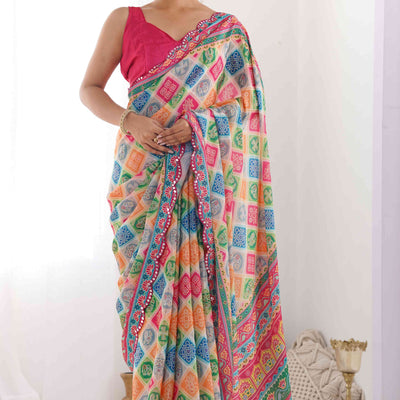 Multicolor Bandhani Printed Chinon Saree