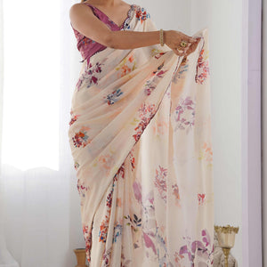 Cream Floral Printed Chinon Saree