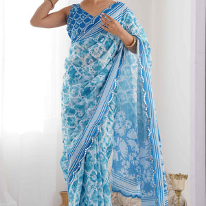 Blue Tie Dye Printed Chinon Saree