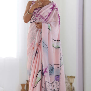 Light Pink Abstract Printed Chinon Saree