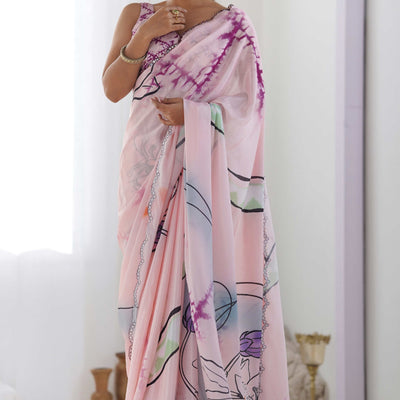 Light Pink Abstract Printed Chinon Saree