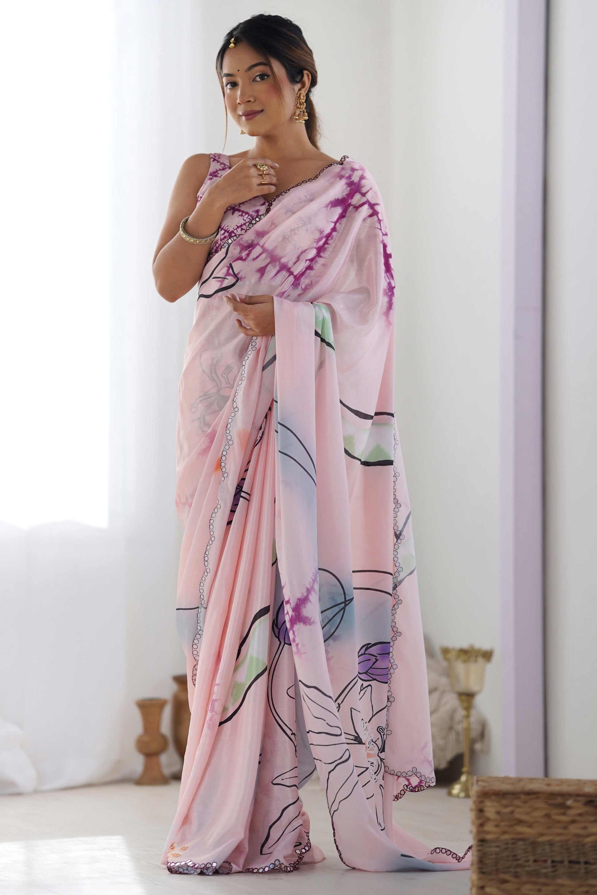 Light Pink Abstract Printed Chinon Saree