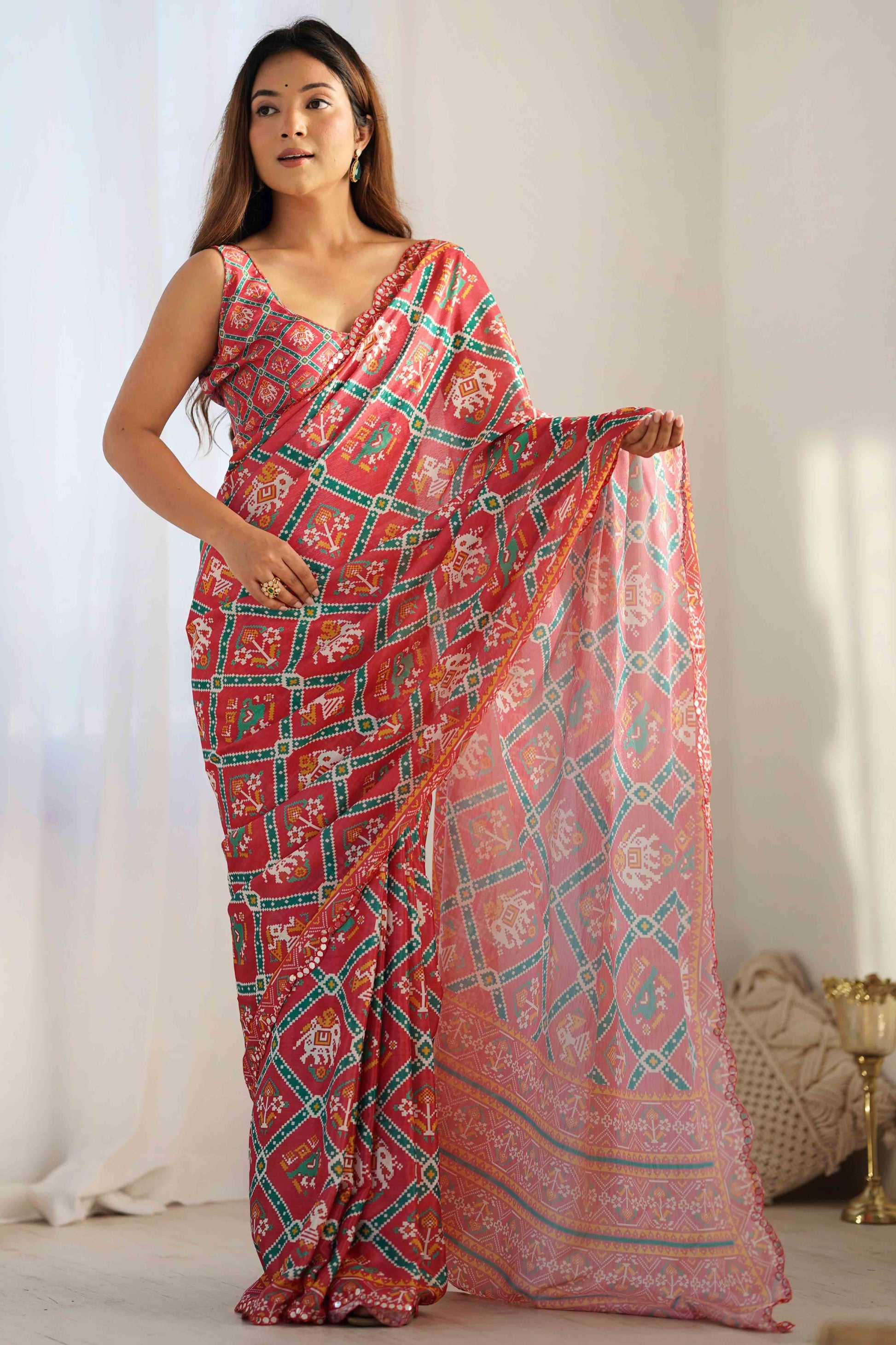 Gajri Pink Patola Printed Chinon Saree