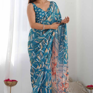 Light Teal Floral Printed Chinon Saree