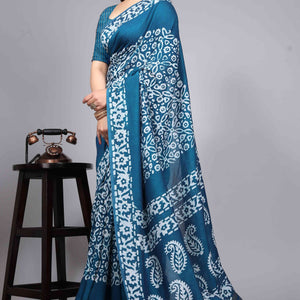 Morpich Blue Floral Printed Chanderi Cotton Silk Lagdi patta Saree