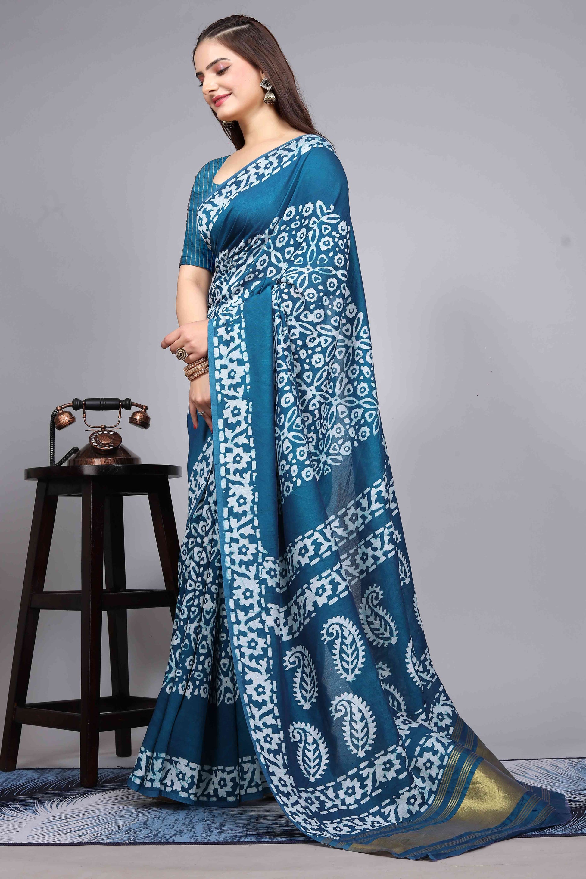 Morpich Blue Floral Printed Chanderi Cotton Silk Lagdi patta Saree