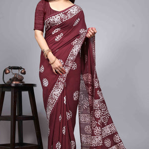 Maroon Floral Printed Chanderi Cotton Silk Lagdi patta Saree