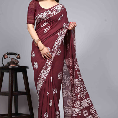 Maroon Floral Printed Chanderi Cotton Silk Lagdi patta Saree