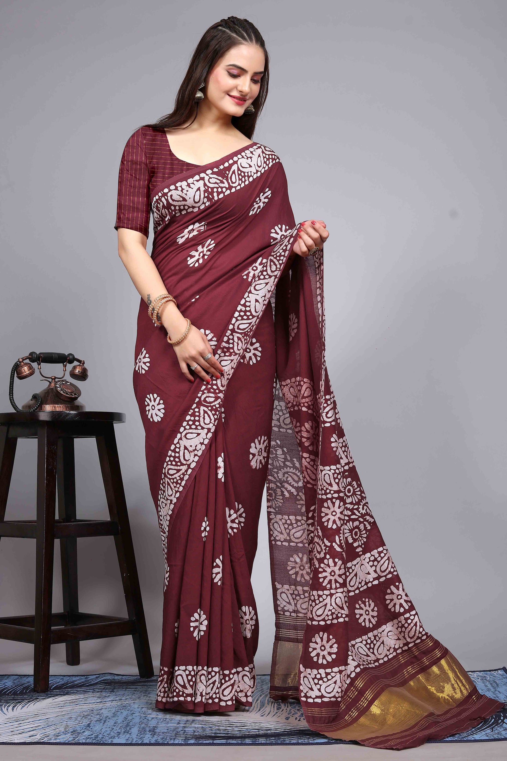 Maroon Floral Printed Chanderi Cotton Silk Lagdi patta Saree