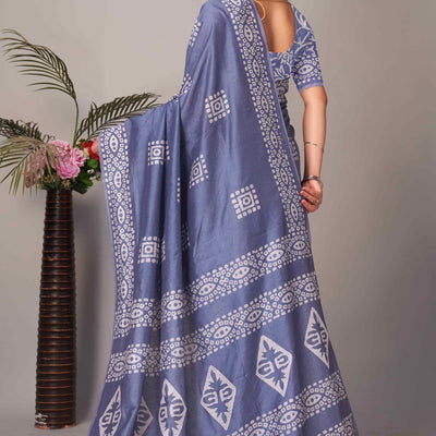Lavender Batik Printed Chanderi Cotton Silk Saree