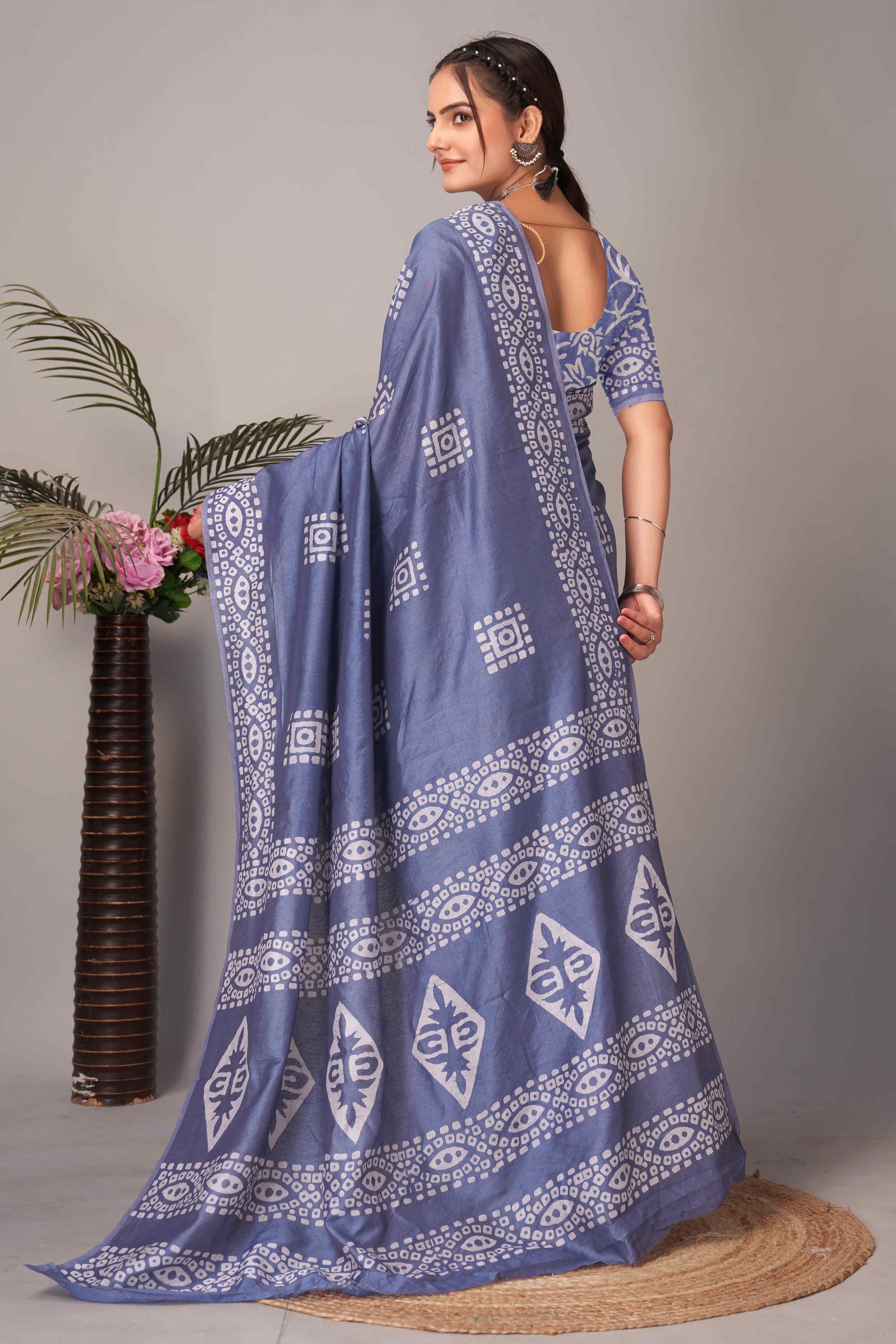 Lavender Batik Printed Chanderi Cotton Silk Saree