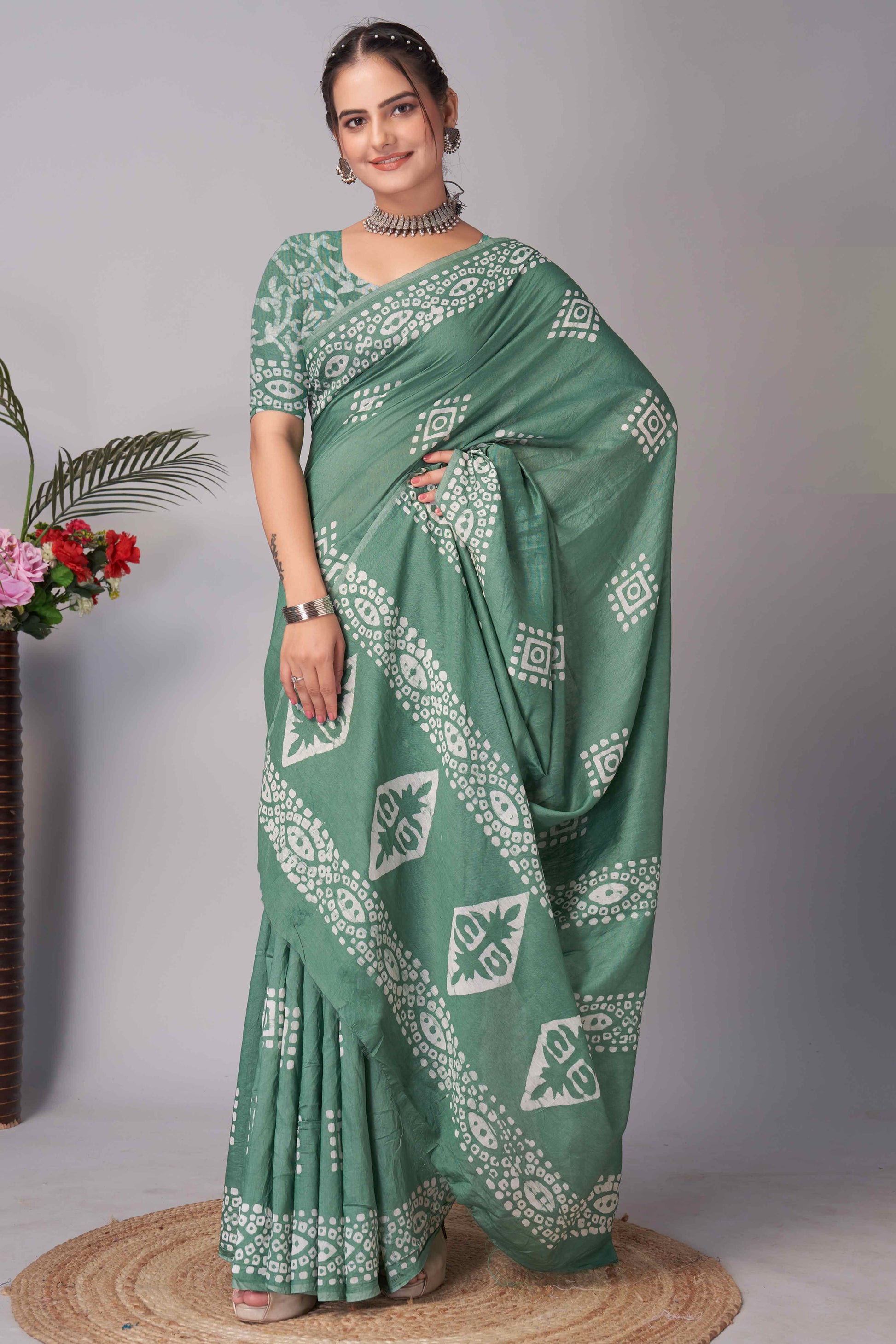 green-batik-printed-chanderi-cotton-silk-saree