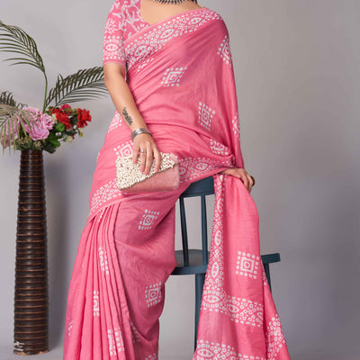 Gajari Pink Batik Printed Chanderi Cotton Silk Saree