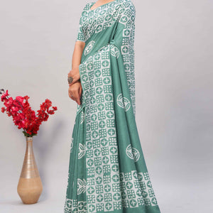 Dusty Green Batik Printed Chanderi Cotton Silk Saree
