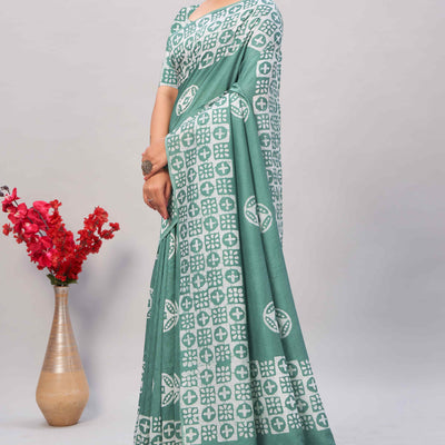 Dusty Green Batik Printed Chanderi Cotton Silk Saree