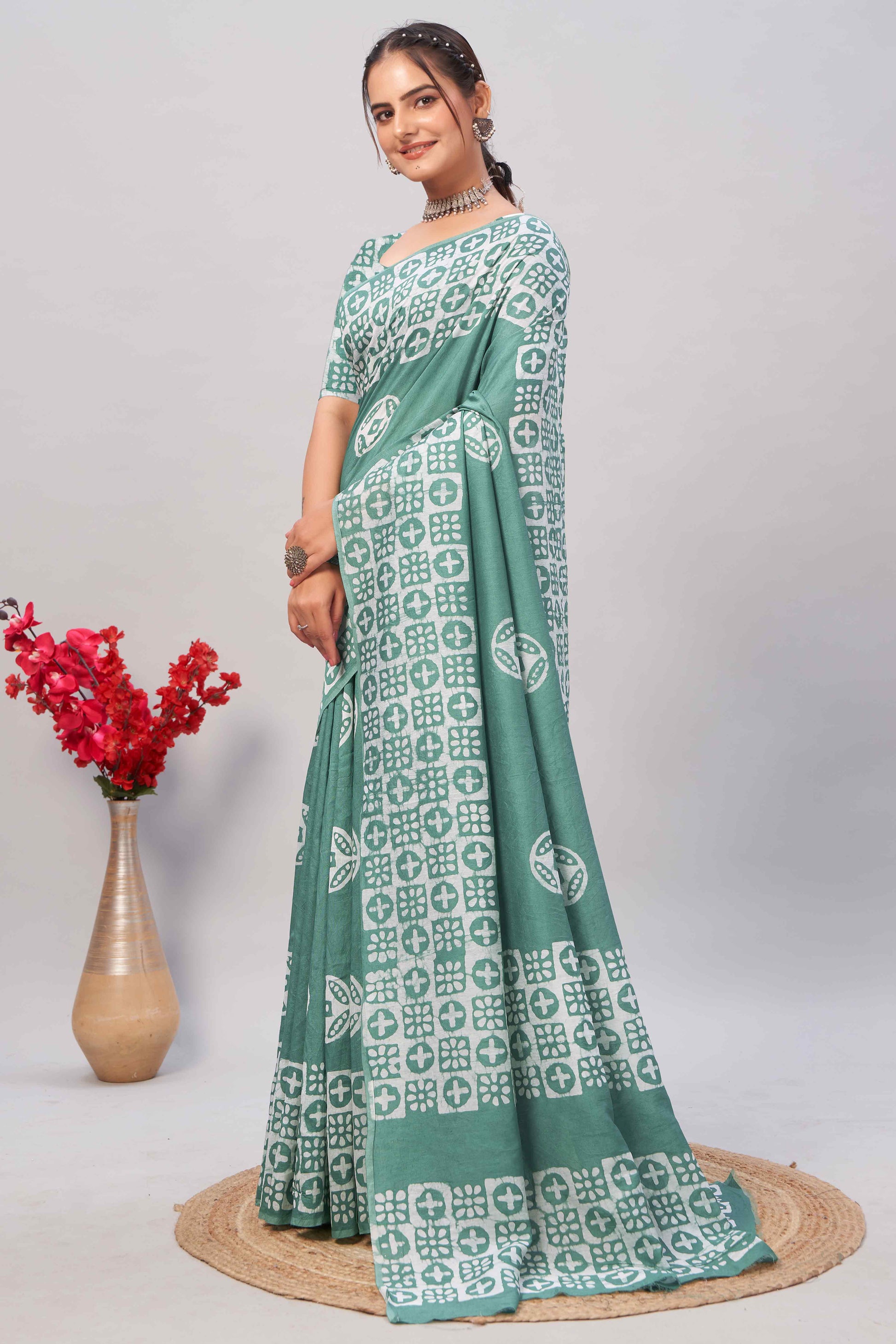 Dusty Green Batik Printed Chanderi Cotton Silk Saree