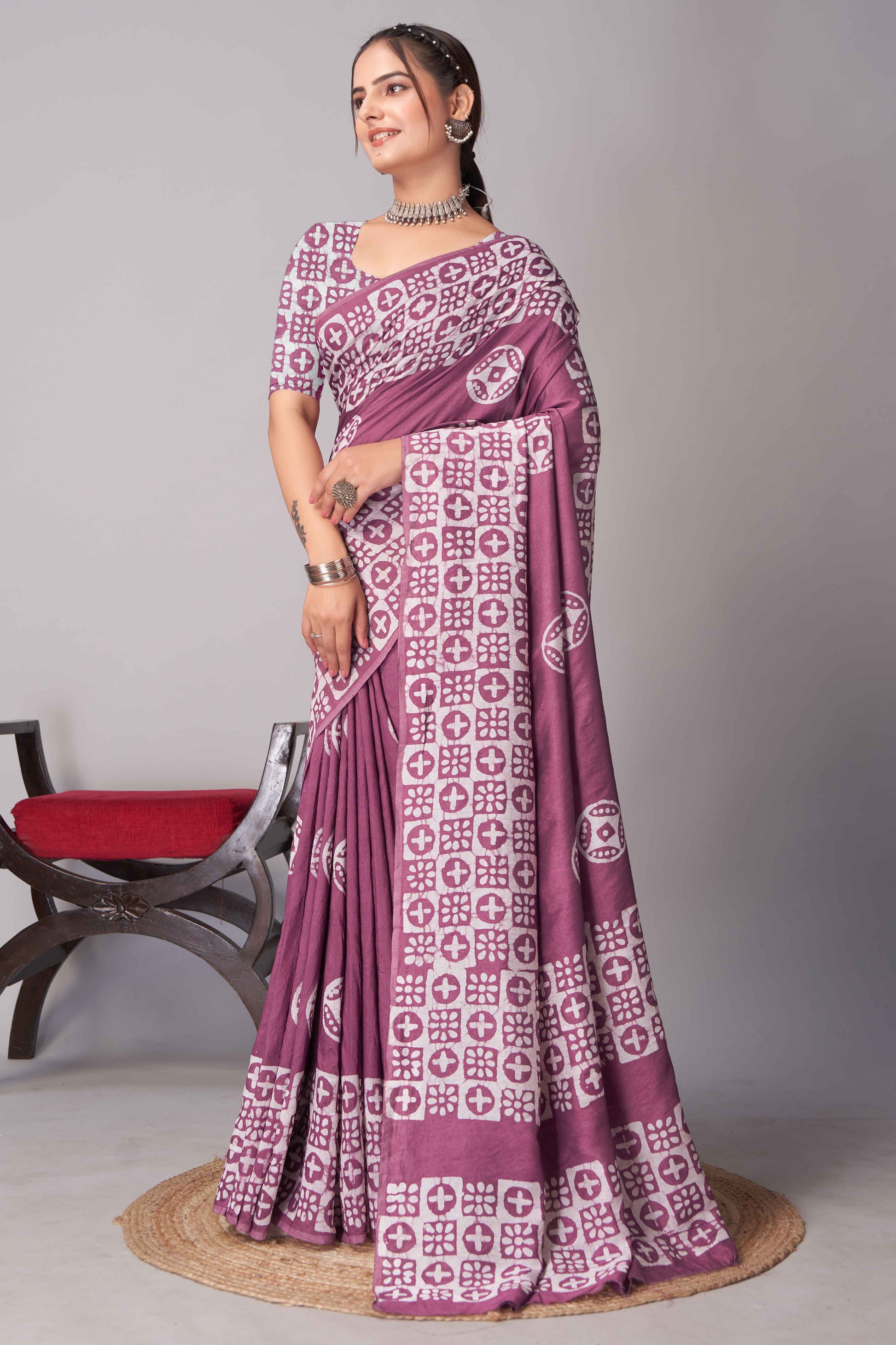 Light Wine Batik Printed Chanderi Cotton Silk Saree