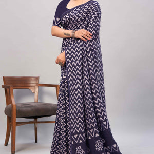 Dark Blue Zig Zag Batik Printed Chanderi Cotton Silk Saree