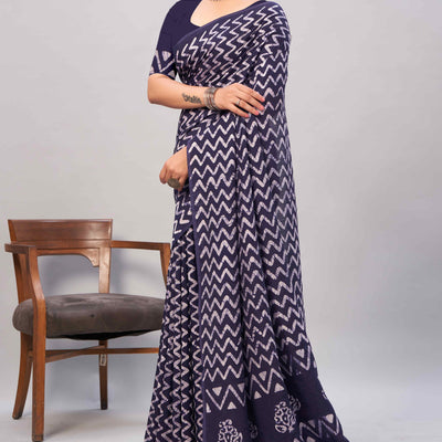 Dark Blue Zig Zag Batik Printed Chanderi Cotton Silk Saree