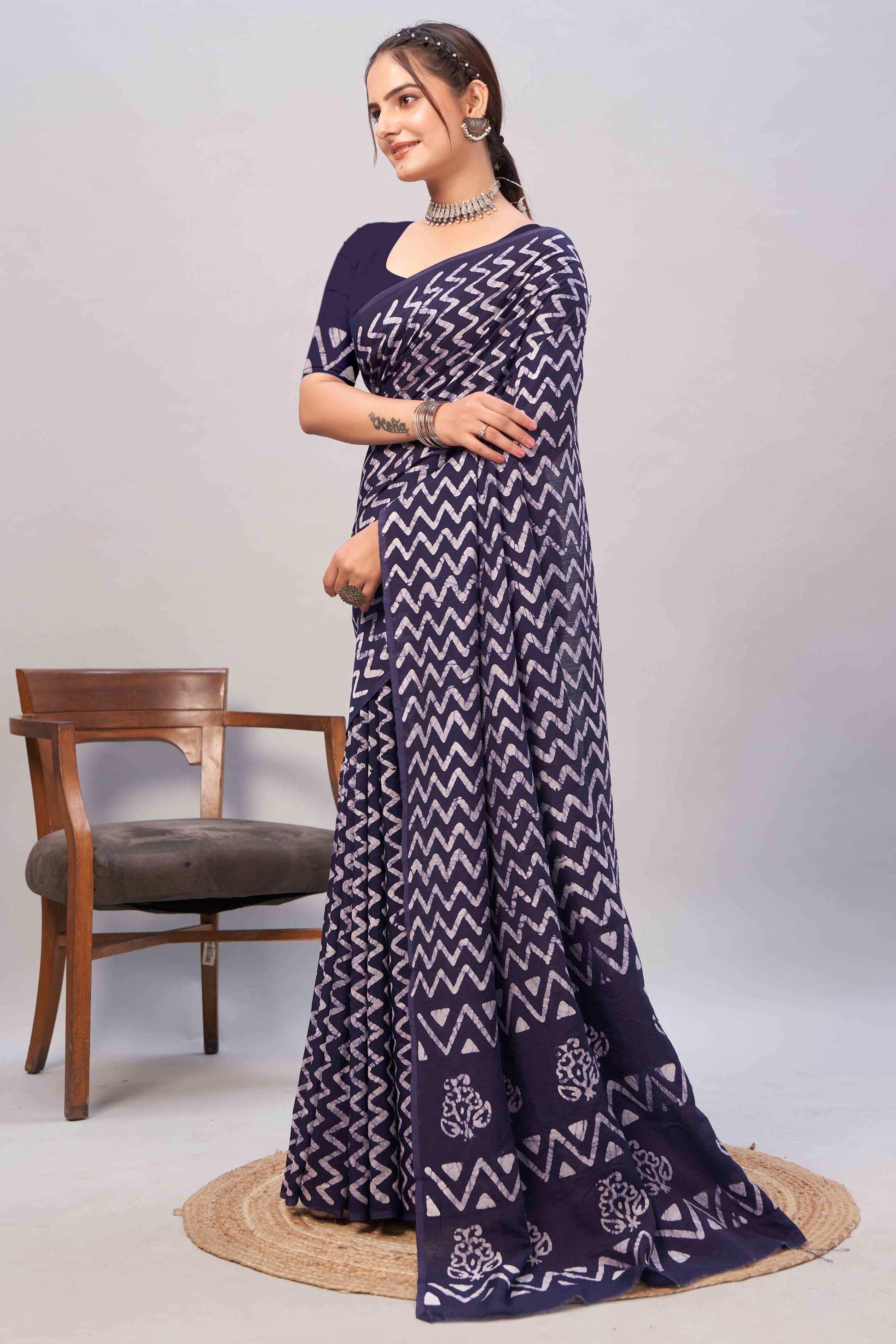 Dark Blue Zig Zag Batik Printed Chanderi Cotton Silk Saree