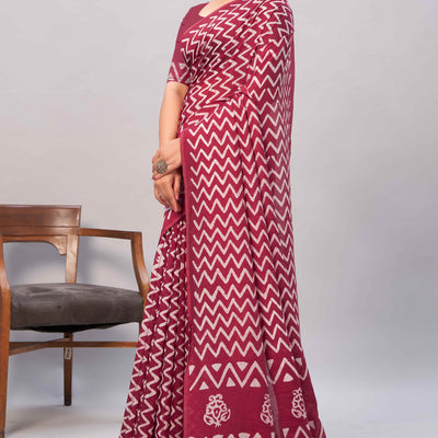 Maroon Zig Zag Batik Printed Chanderi Cotton Silk Saree