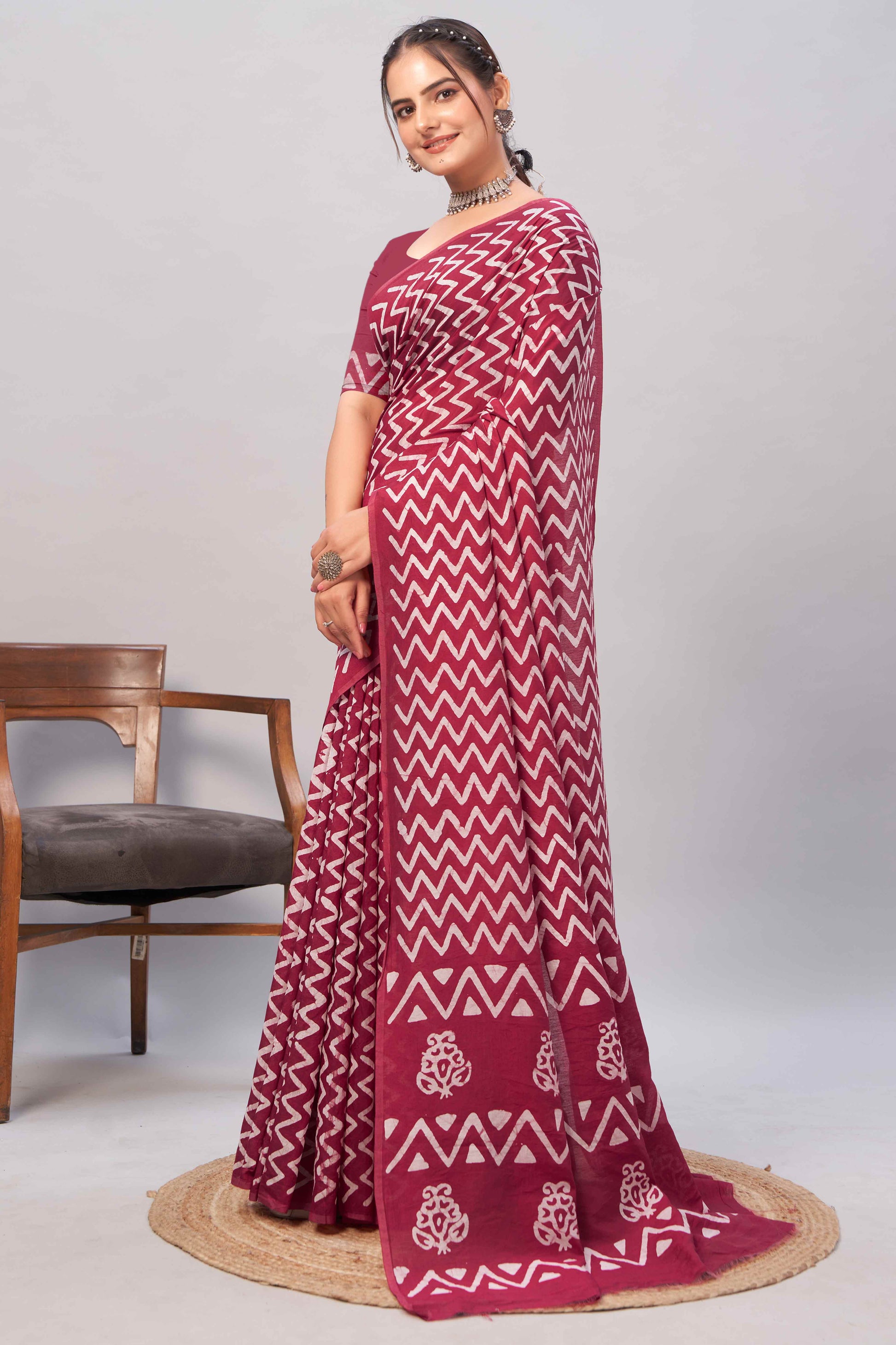 Maroon Zig Zag Batik Printed Chanderi Cotton Silk Saree