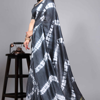 Grey Shibori Leheriya Printed Chanderi Cotton Silk Lagdi Patta Saree