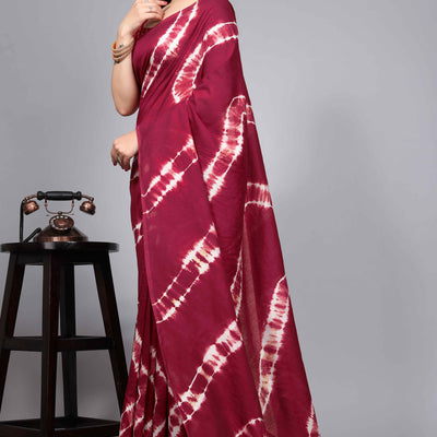 Maroon Shibori Leheriya Printed Chanderi Cotton Silk Lagdi Patta Saree