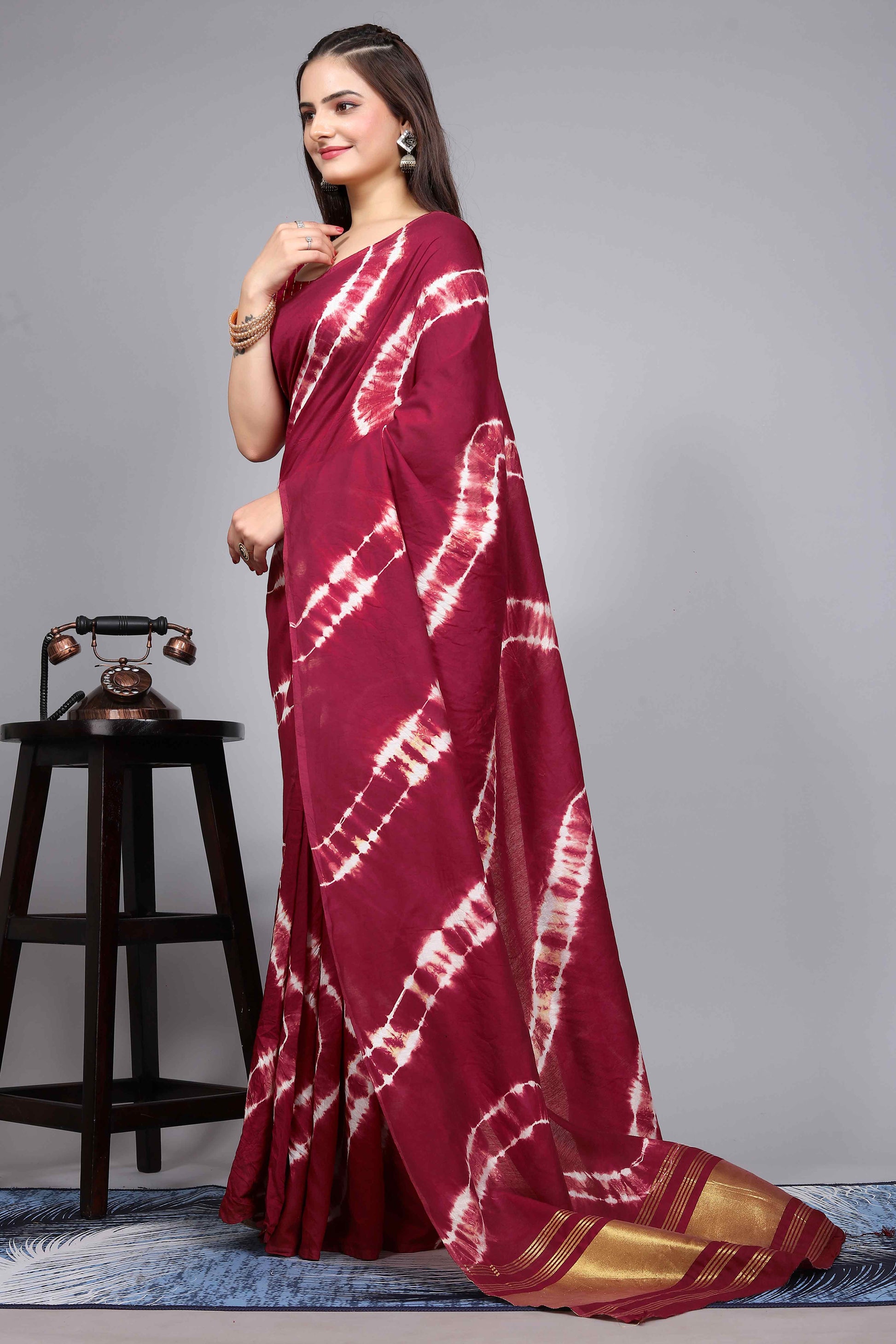 Maroon Shibori Leheriya Printed Chanderi Cotton Silk Lagdi Patta Saree