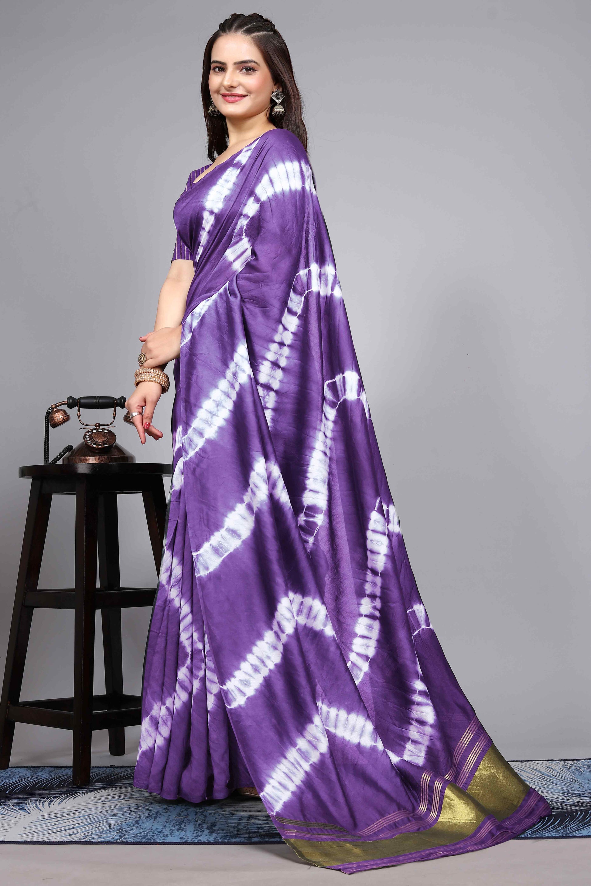 Lavender Shibori Leheriya Printed Chanderi Cotton Silk Lagdi Patta Saree
