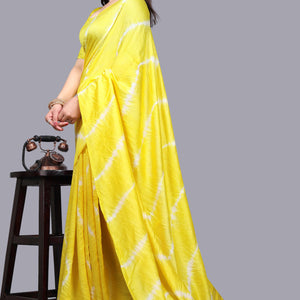 Lemon Yellow Leheriya Printed Chanderi Cotton Silk Lagdi Patta Saree