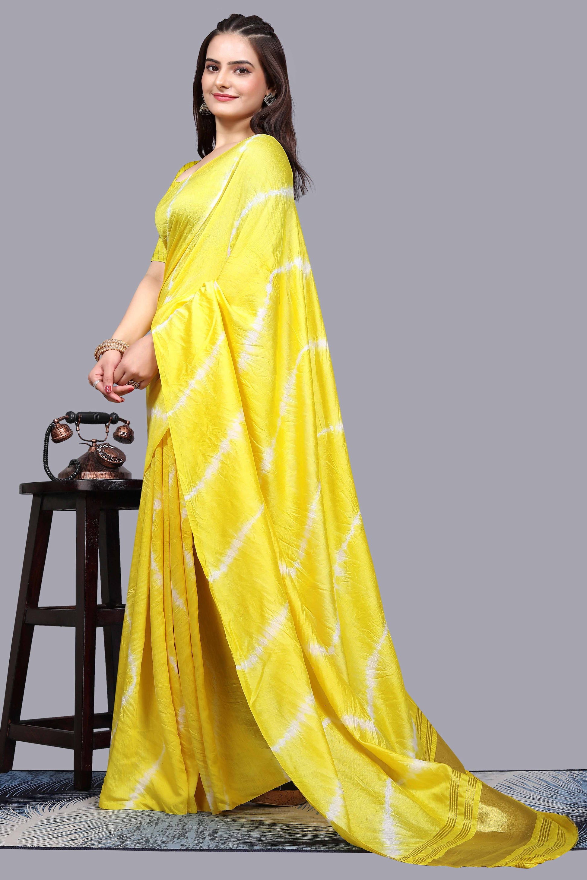 Lemon Yellow Leheriya Printed Chanderi Cotton Silk Lagdi Patta Saree
