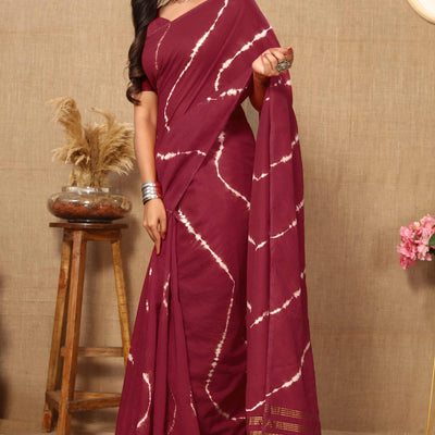 Maroon Leheriya Printed Chanderi Cotton Silk Lagdi Patta Saree